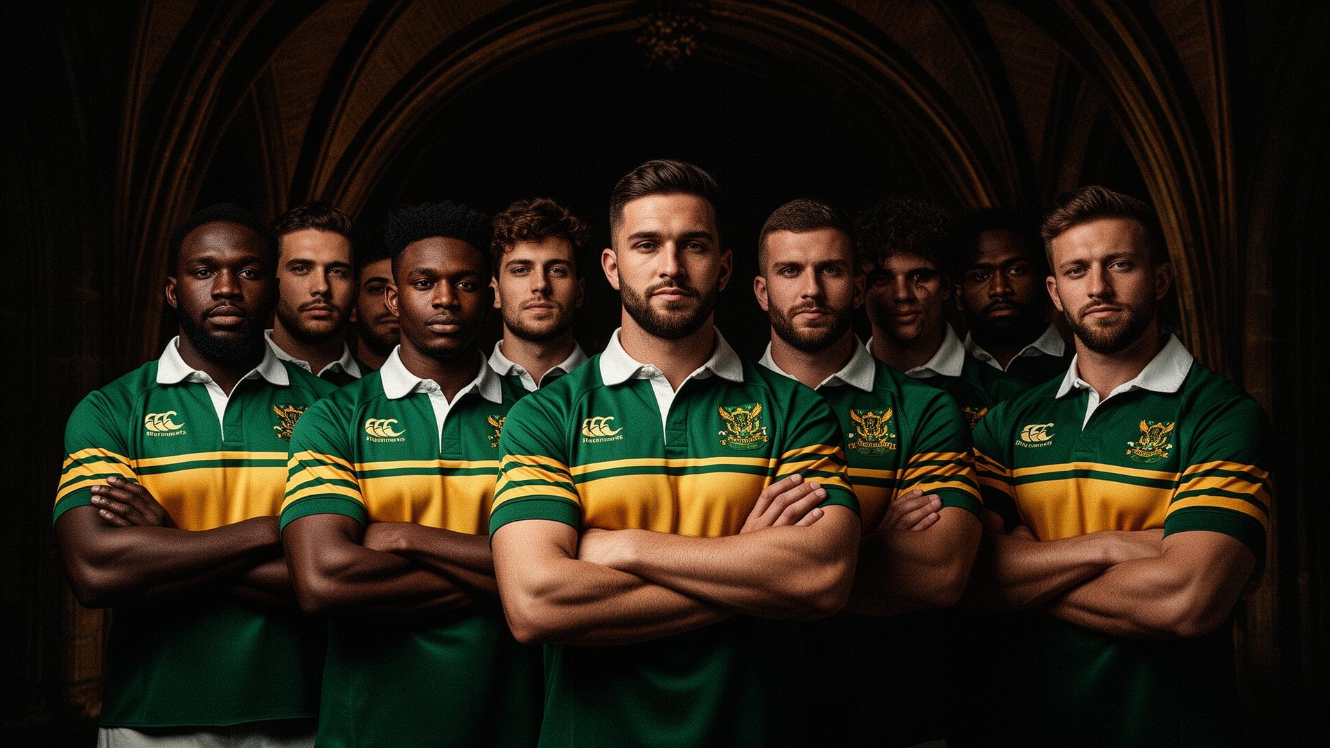A diverse group of men proudly wearing classic green and gold rugby jerseys